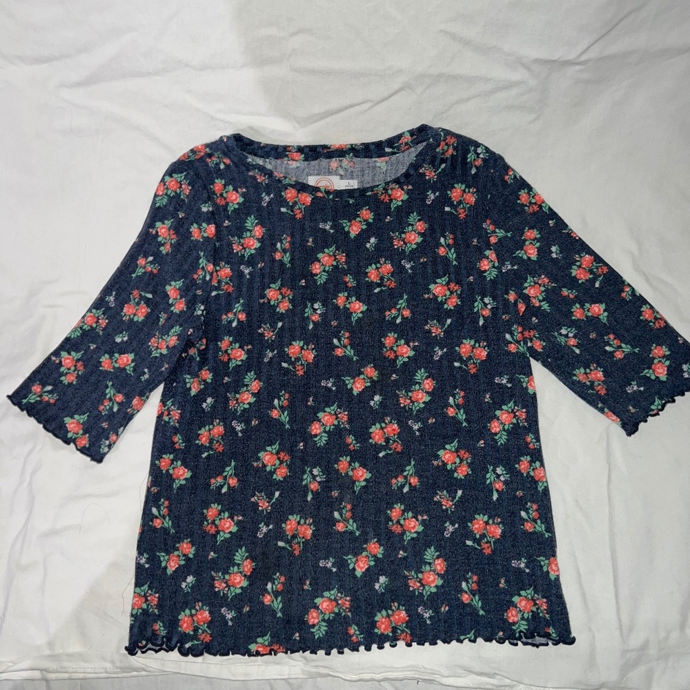 Girls Mid-sleeve Ribbed Floral Top💗
